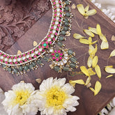 Vriksham Half Moon Style Pendant Jadau Kundan Short Neckpiece-Pastel Green Beads-J3704